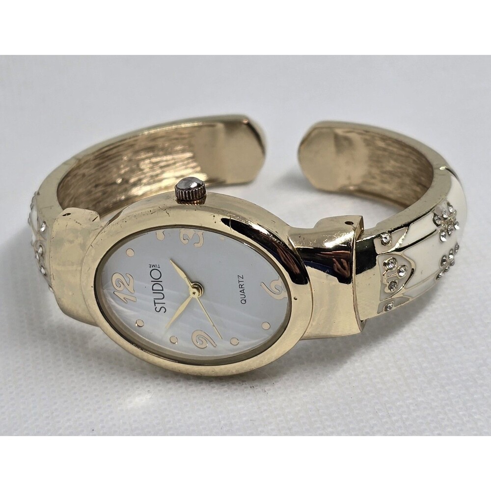 Women's Studio Time Fancy Oval Gold Tone Enamel Open Cuff Bracelet Watch 13 - Picture 6 of 9